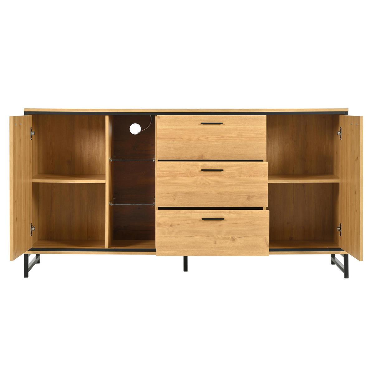 SIDEBOARD 160/40/85 cm aus Holzwerkstoff mit LED-Beleuchtung und verstellbaren Regalböden, Natur/Schwarz - Naturfarben, Holzwerkstoff (160/85/40cm) - Redom