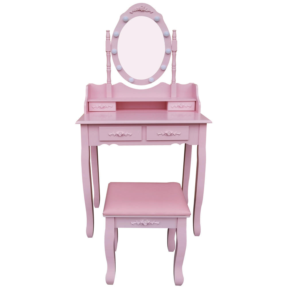SCHMINKTISCH Rosa RUSTIKA mit Spiegel Hocker LED Beleuchtung Schubladen - Rosa, Holzwerkstoff (71/149/40cm) - Aileenstore