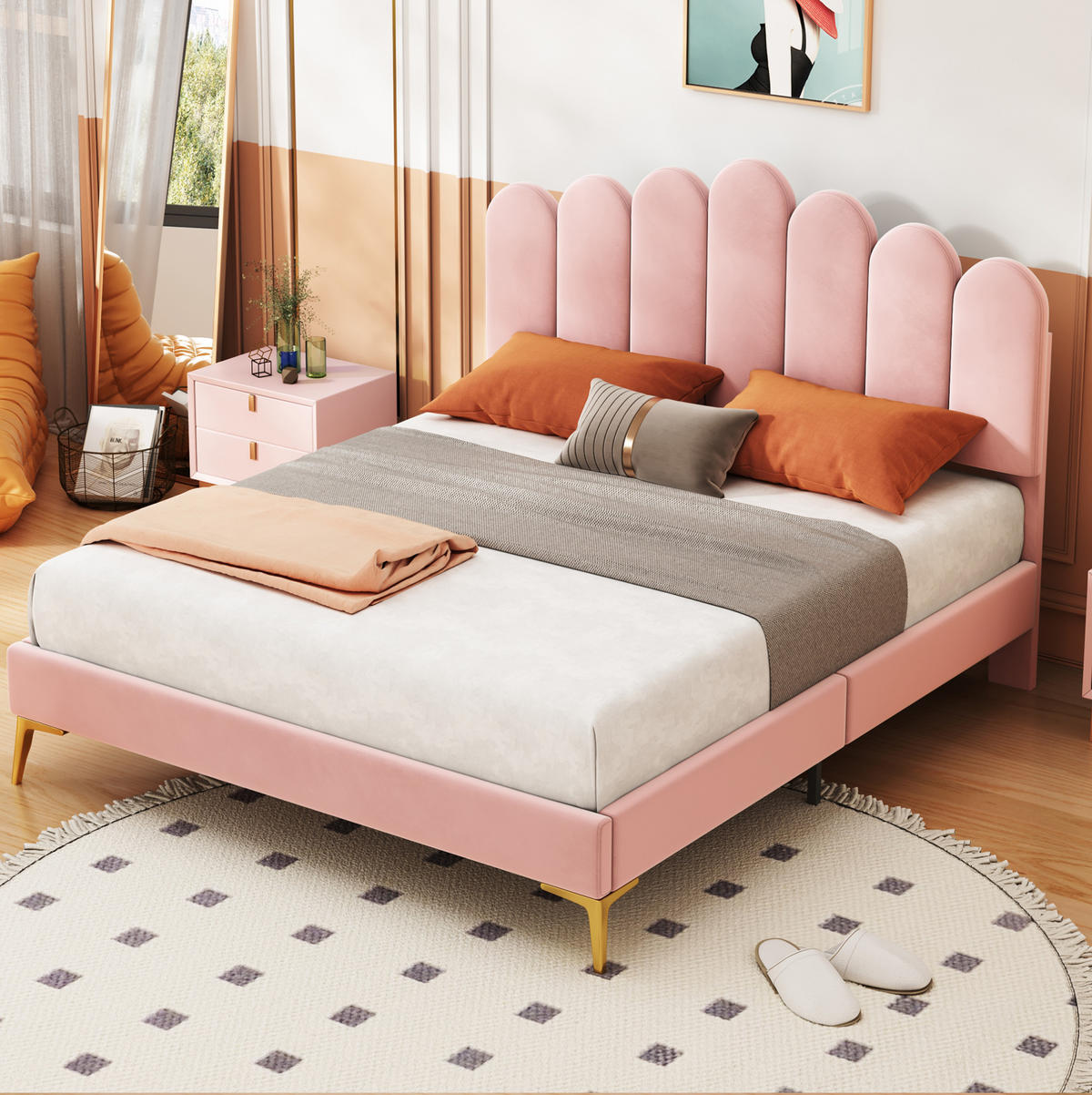 POLSTERBETT aus Samt 140x200 cm Rosa mit verstellbarem Kopfteil und Lattenrost - Rosa, Textil (140/200cm) - IVMEU