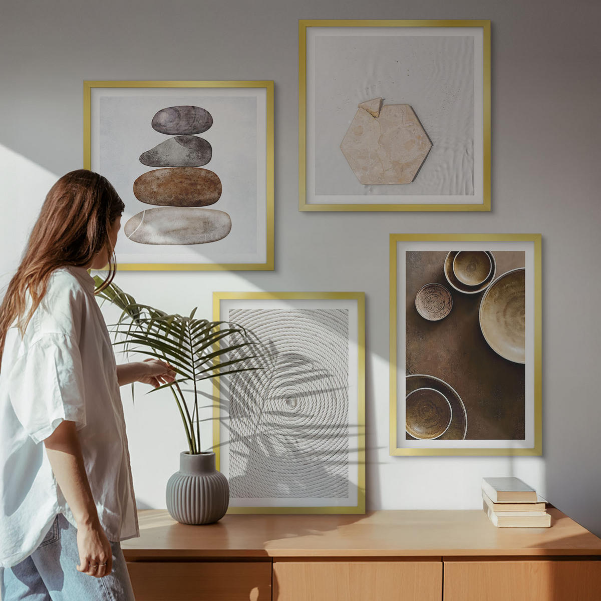 WANDBILDER 4er Set - 50x50 cm & 40x60 cm Goldrahmen - Texturen in der modernen Kunst - Goldfarben, Kunststoff (50/50cm) - ArtPrintCave
