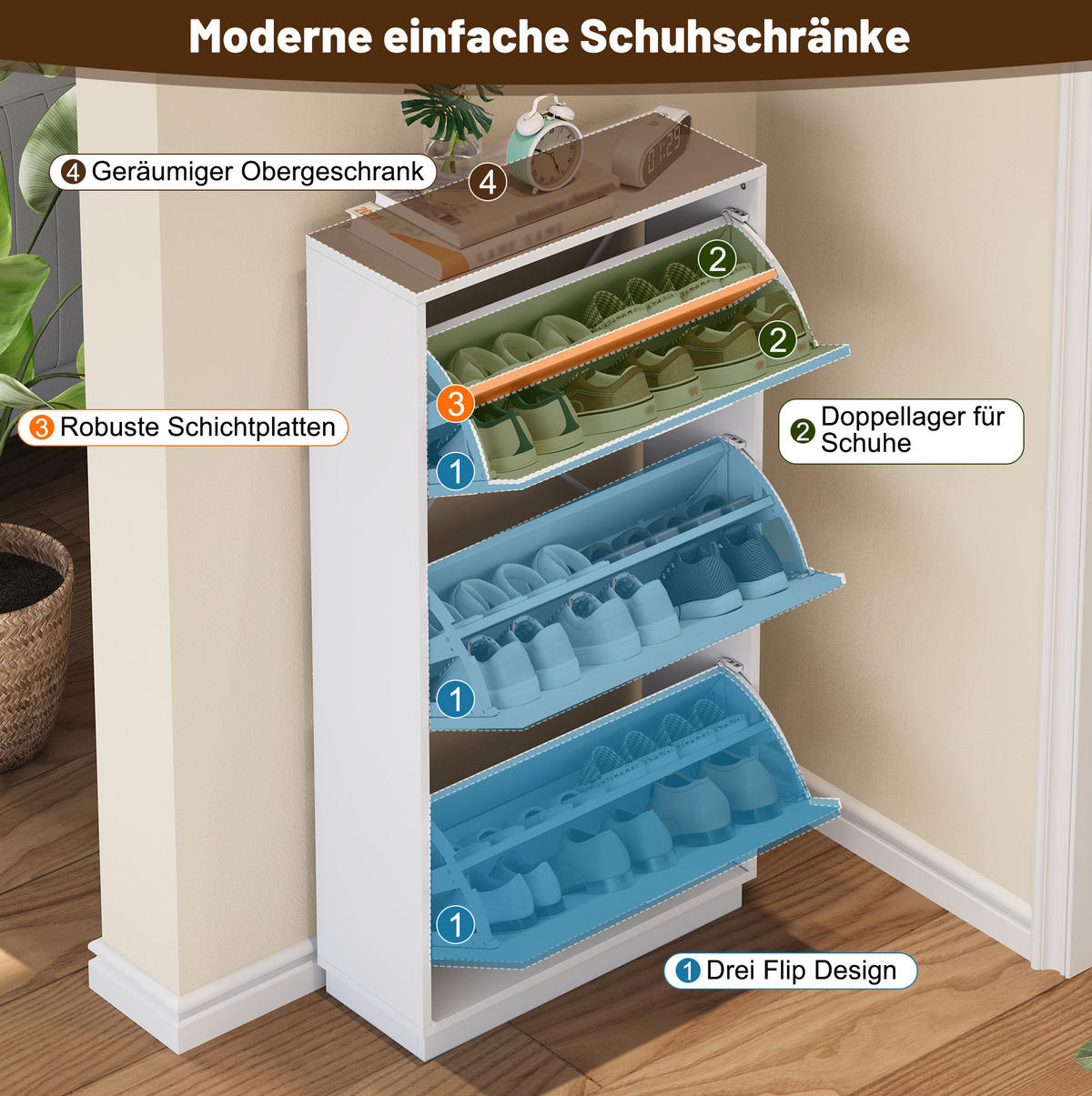 SCHUHSCHRANK 63/24/120 cm weiß aus MDF mit 3 Klappen und Spiegel - Weiß, Holzwerkstoff (63/120/24cm) - OKWISH