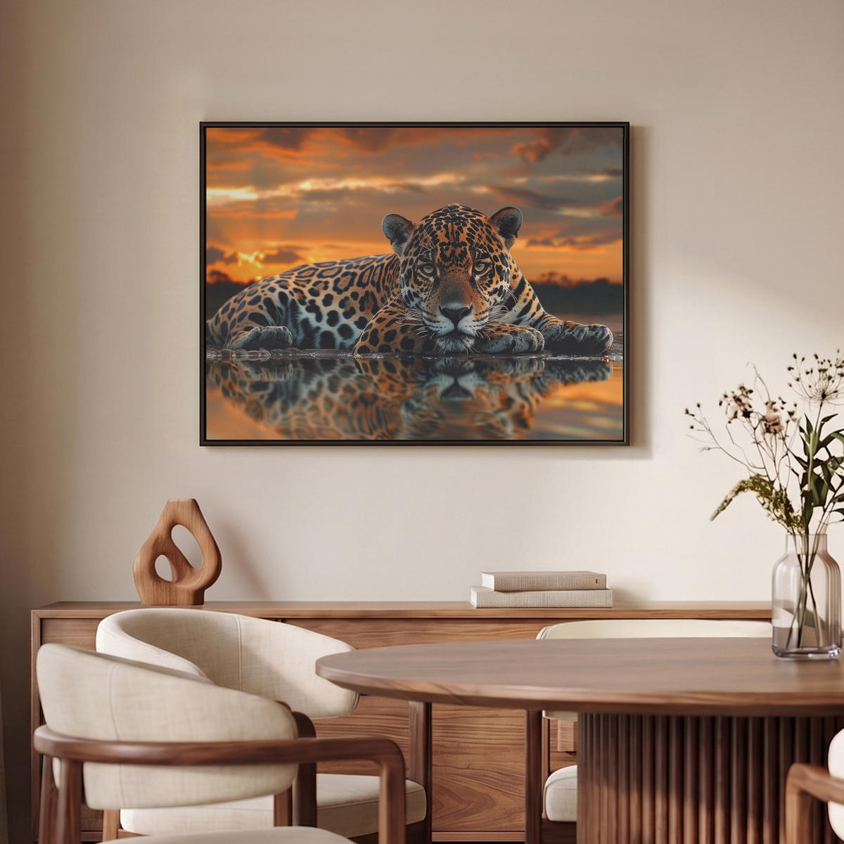 LEINWAND Bilder mit Rahmen - Natur - Leopard - Tier - Sonnenuntergang - Modern - 70x50 - Orange, Textil (70/50cm) - MuchoWow