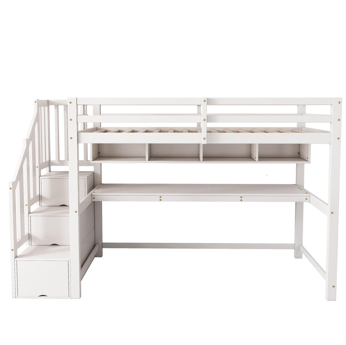 HOCHBETT aus Massivholz und MDF 90x200 cm Weiß mit Stauraumtreppe, Schreibtisch und Regal - Weiß, Holz (90/200cm) - IVMEU