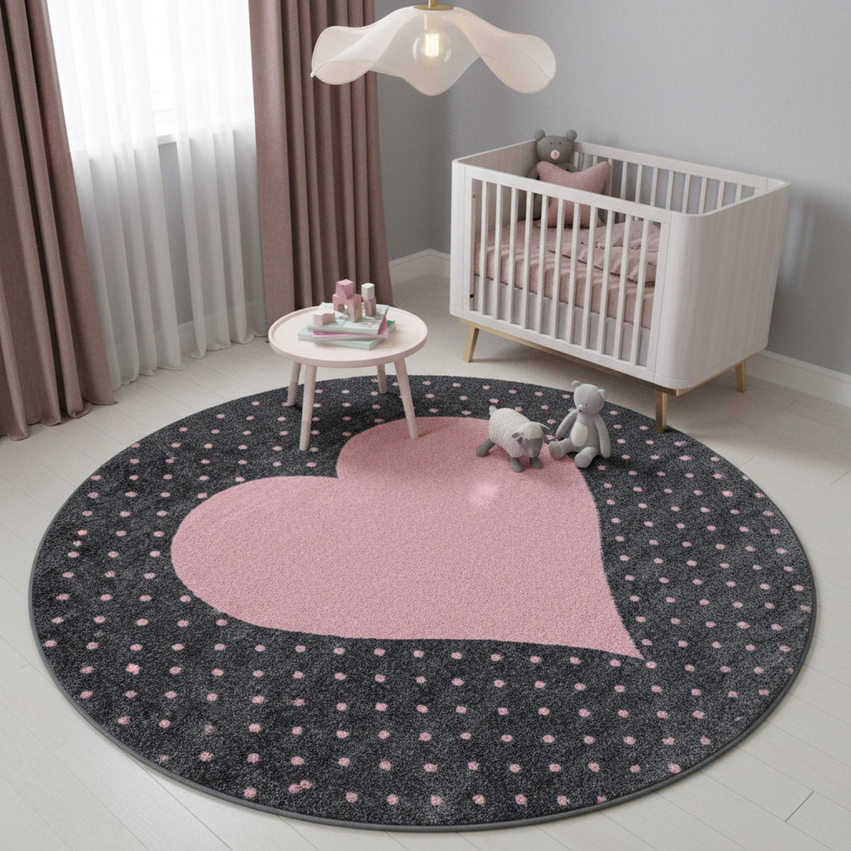 TEPPICH Kinder Kurzflor Herz Polypropylen Kinderzimmer Pink Rund 120x120 - Rosa, Textil (120/120cm) - KADIMA DESIGN