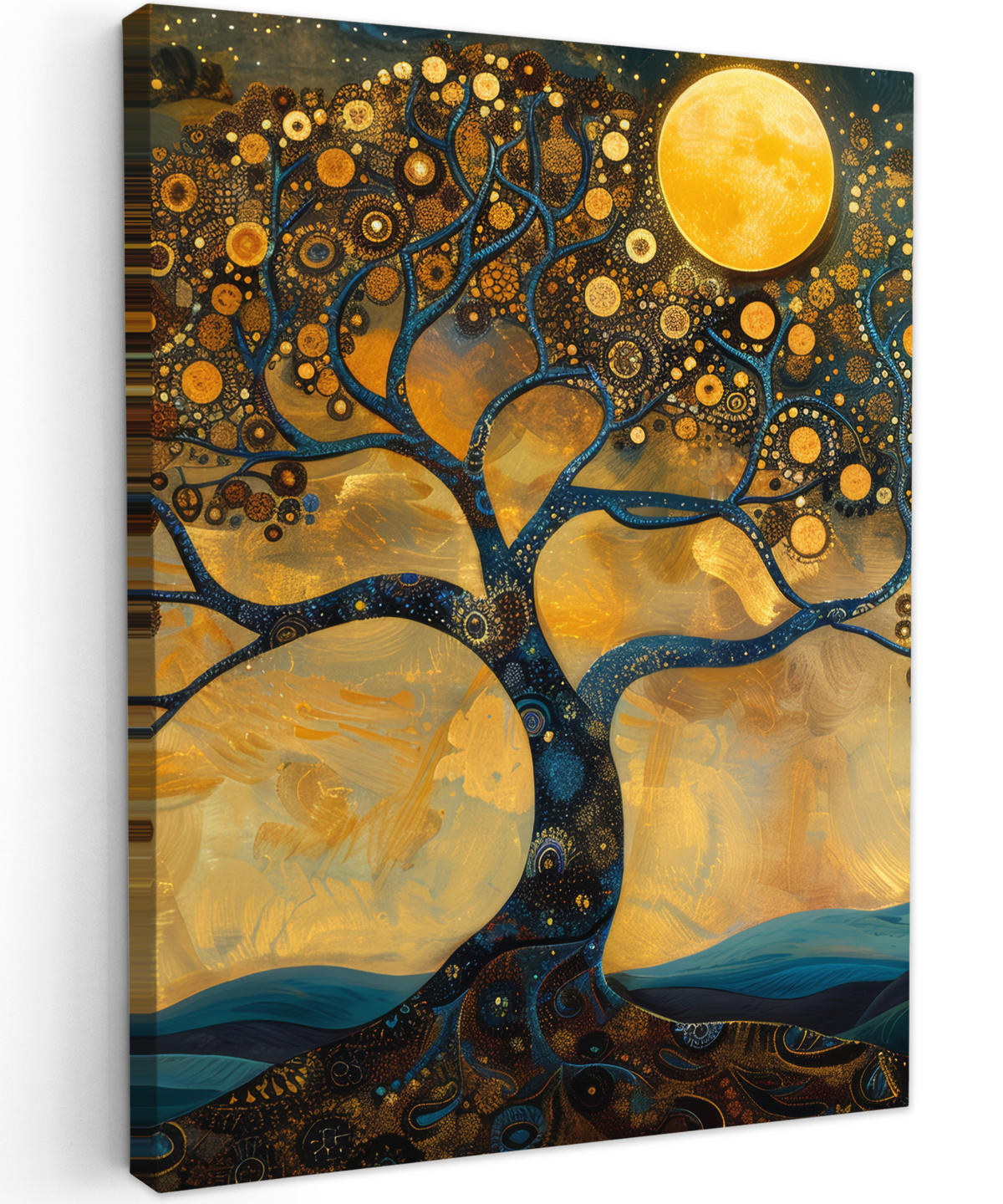LEINWANDBILD Baum - Mond - Blumen - Gold - Kunst 60x80 cm - Orange, Textil (60/80cm) - MuchoWow