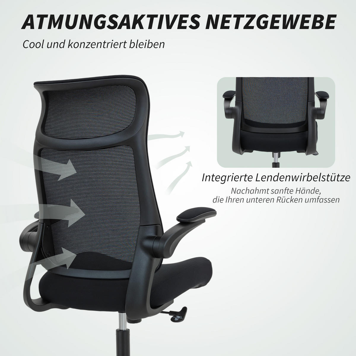 BÜROSTUHL mit 3D-Armlehnen Netzbespannung Kopfstütze Ergonomisch - Schwarz, Kunststoff/Textil (64/118/65cm) - HOMCOM