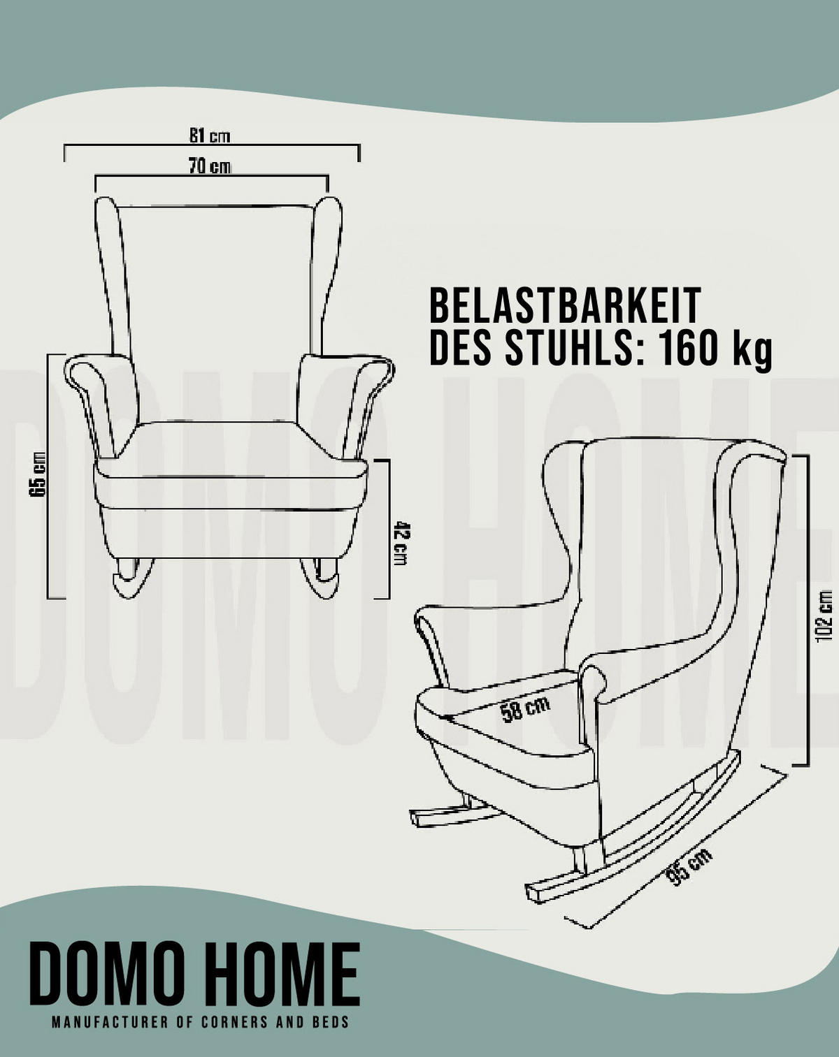 SCHAUKELSESSEL mit gepolstertem Sitz und Armlehnen, 102x81x95 cm, Grün_29853 - Smaragdgrün/Buchefarben, Holz/Textil (81/102/95cm) - DomoHome