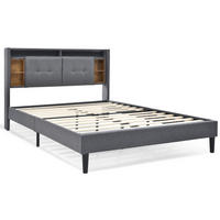 POLSTERBETT 140/200 cm mit Stauraum-Kopfteil, LED-Beleuchtung, USB und Steckdosen, Massivholz, Grau - Grau, Holz - Redom