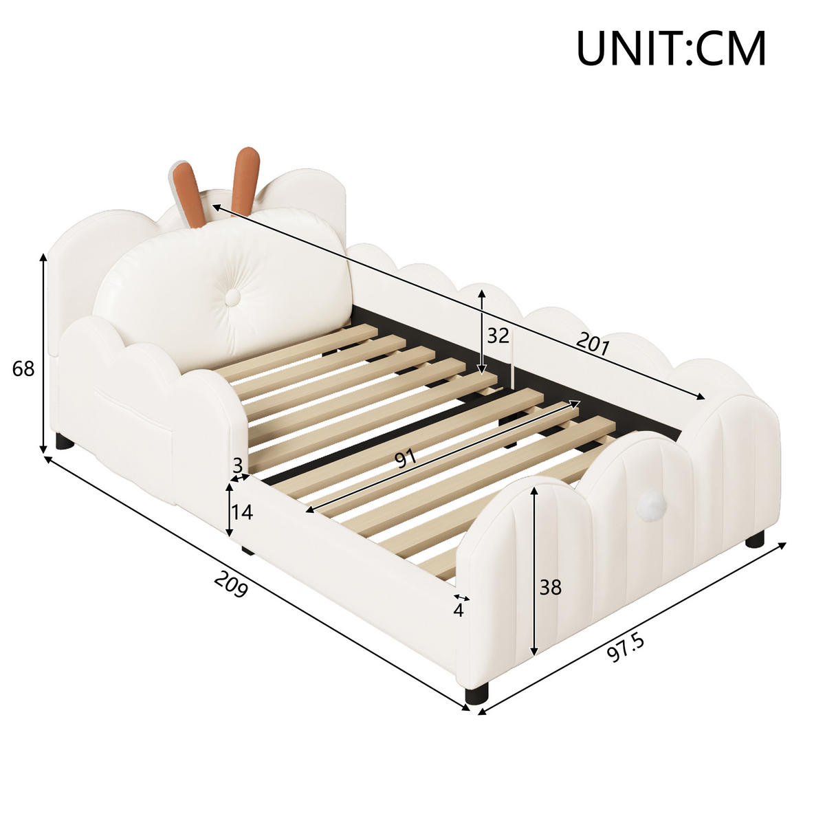 KINDERBETT 90/200 cm in Beige Samt mit Schutzgeländern und Kaninchen-Kopfteil - Beige/Schwarz, Holzwerkstoff/Textil - STILVORA