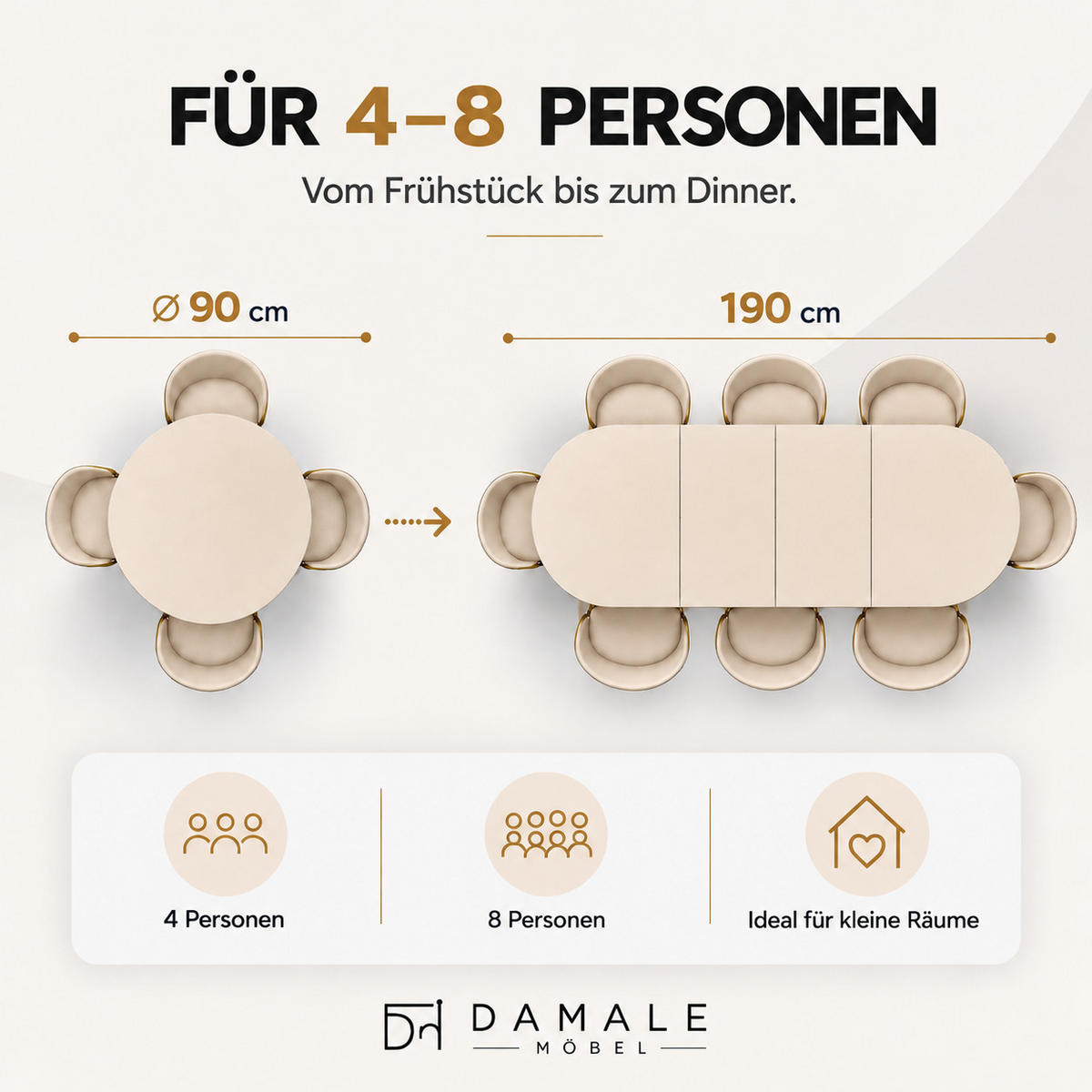 ESSTISCH rund ausziehbar 90/190/76 cm, Hellbraun Artisan Eiche, 54 cm Tischplatte + Lamellen-Metallgestell Weiß - Weiß/Eiche Artisan, Holzwerkstoff/Metall (90/190/76cm) - Damale Möbel