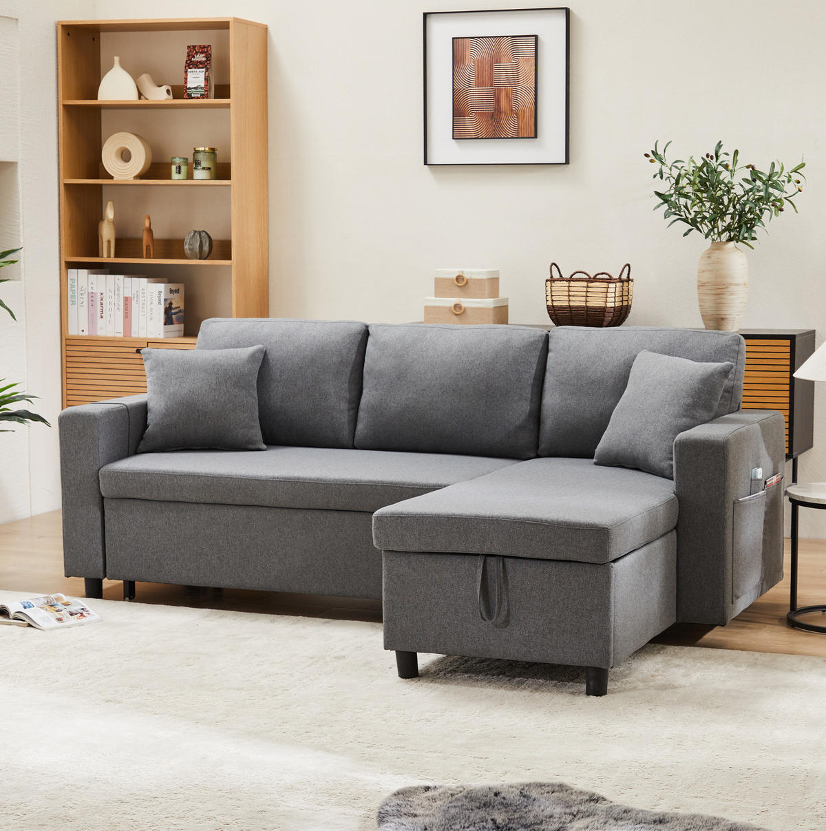 ECKSCHLAFSOFA Leinen mit Stauraum und Seitentaschen Dunkelgrau 219,5/142,5/83 cm - Dunkelgrau, Textil (83/142.5cm) - Redom