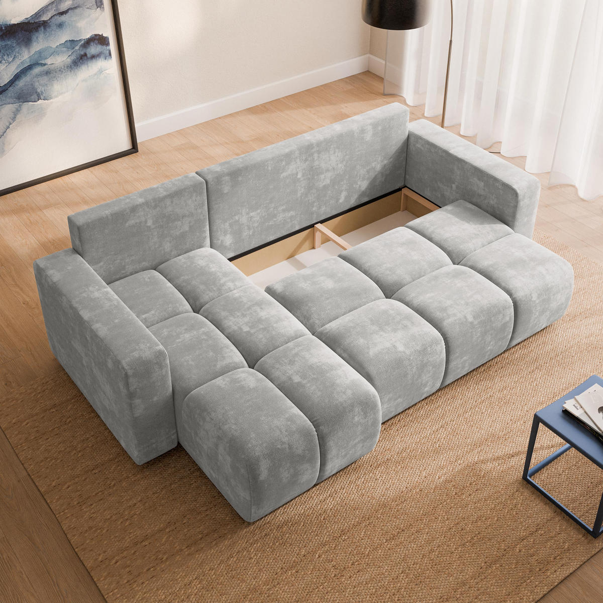 ECKSOFA RAMIL Hellgrau Chenille mit Schlaffunktion - Hellgrau, Holz (240/149cm) - MASSENO