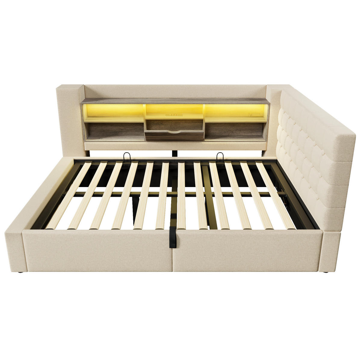 POLSTERBETT 140/190 cm Beige mit Stauraum, LED-Beleuchtung und USB-Anschlüssen - Beige, Textil (140/190cm) - Flora Grace