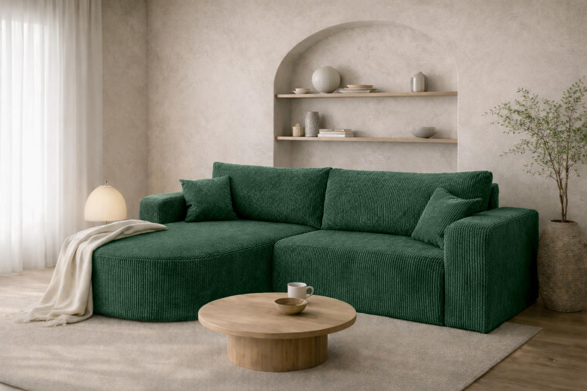 ECKSOFA Mit Schlaffunktion, Cordstoff Poso, Grün, Links, ROUND ONE - Grün, Holz (244/175cm) - Kaiser Möbel