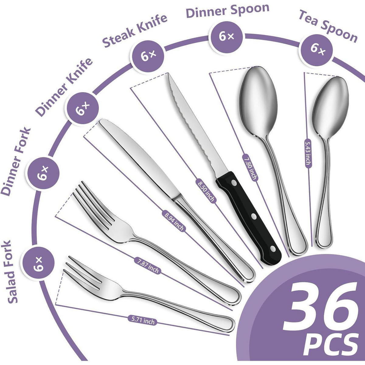 BESTECKSET 36-teiliges Set Edelstahl Hochglanzpoliert für 6 Personen - Silberfarben, Metall