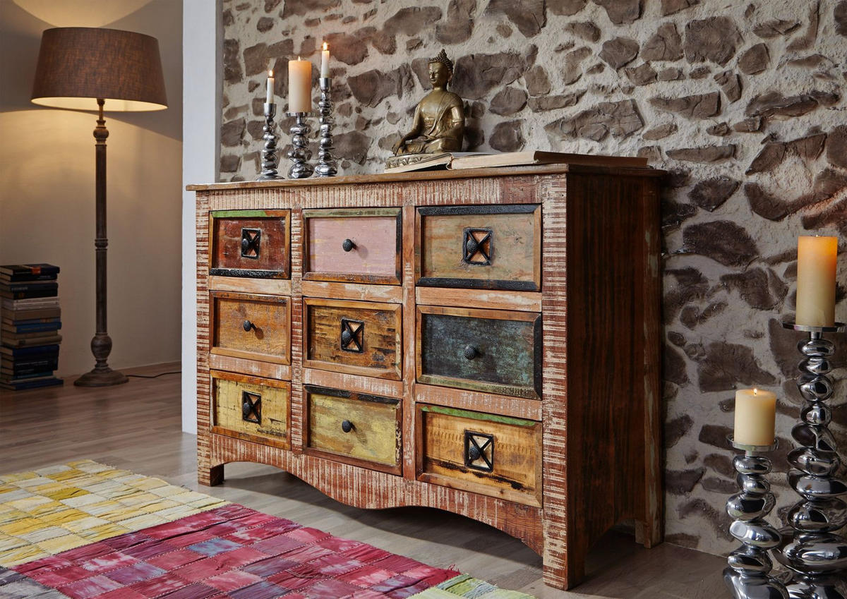 KOMMODE Altholz 130x40x85 mehrfarbig lackiert NATURE OF SPIRIT #59 - Multicolor, Holz (130/85/40cm) - Massivmoebel24