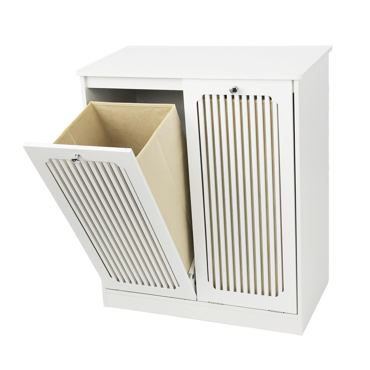 WÄSCHESCHRANK Weiß mit Kippbarer Lamellenfront & 2 Stofffächern - Weiß, Holzwerkstoff (66/76/35cm) - Urban Meuble