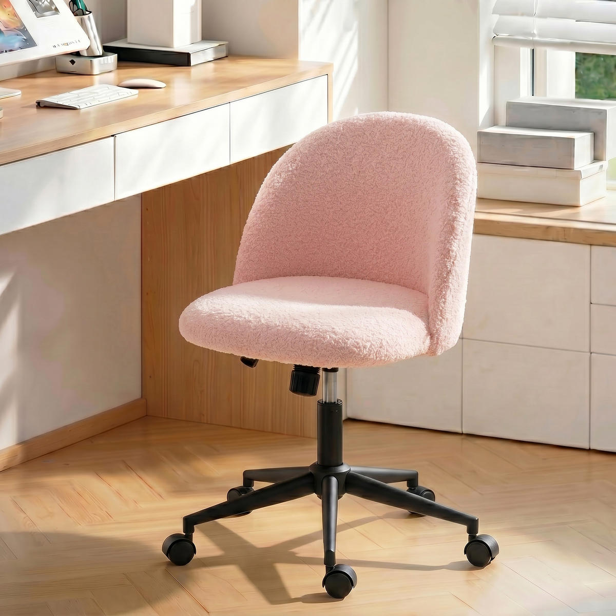 BÜROSTUHL Teddyfleece (100 % Polyester) Rosa - Schwarz/Rosa, Textil/Metall (52/84.5/59cm) - HOMCOM