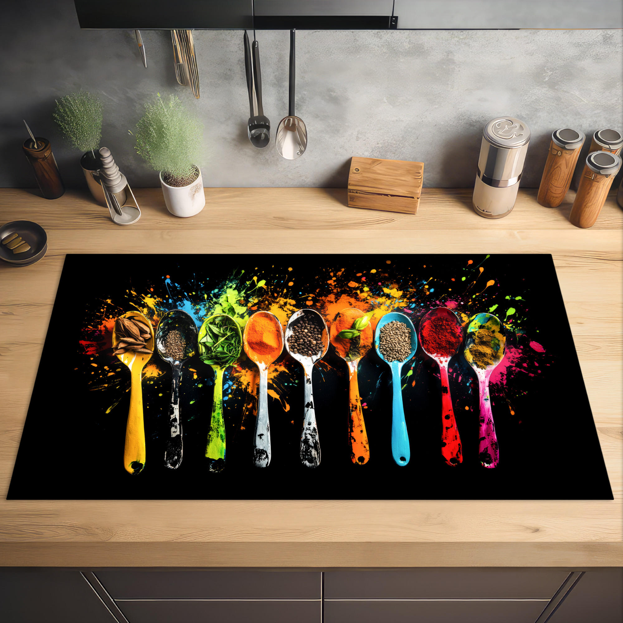 HERDABDECKPLATTE Löffel - Gewürze - Modern - Graffiti - Farbe - Farbenfroh 91x52 cm - Multicolor, Kunststoff (91.2/0.2/52cm) - MuchoWow
