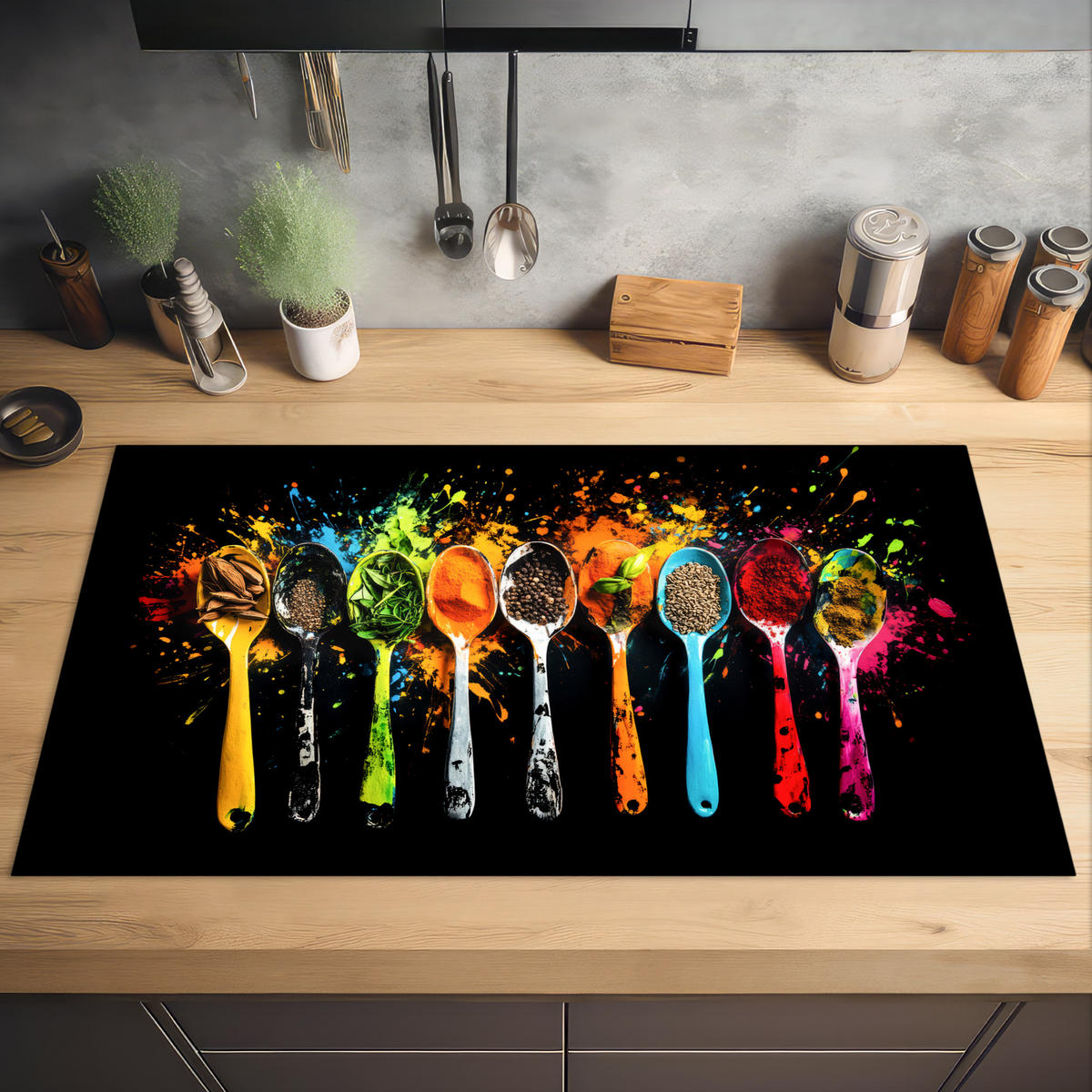 HERDABDECKPLATTE Löffel - Gewürze - Modern - Graffiti - Farbe - Farbenfroh 91x52 cm - Multicolor, Kunststoff (91.2/0.2/52cm) - MuchoWow