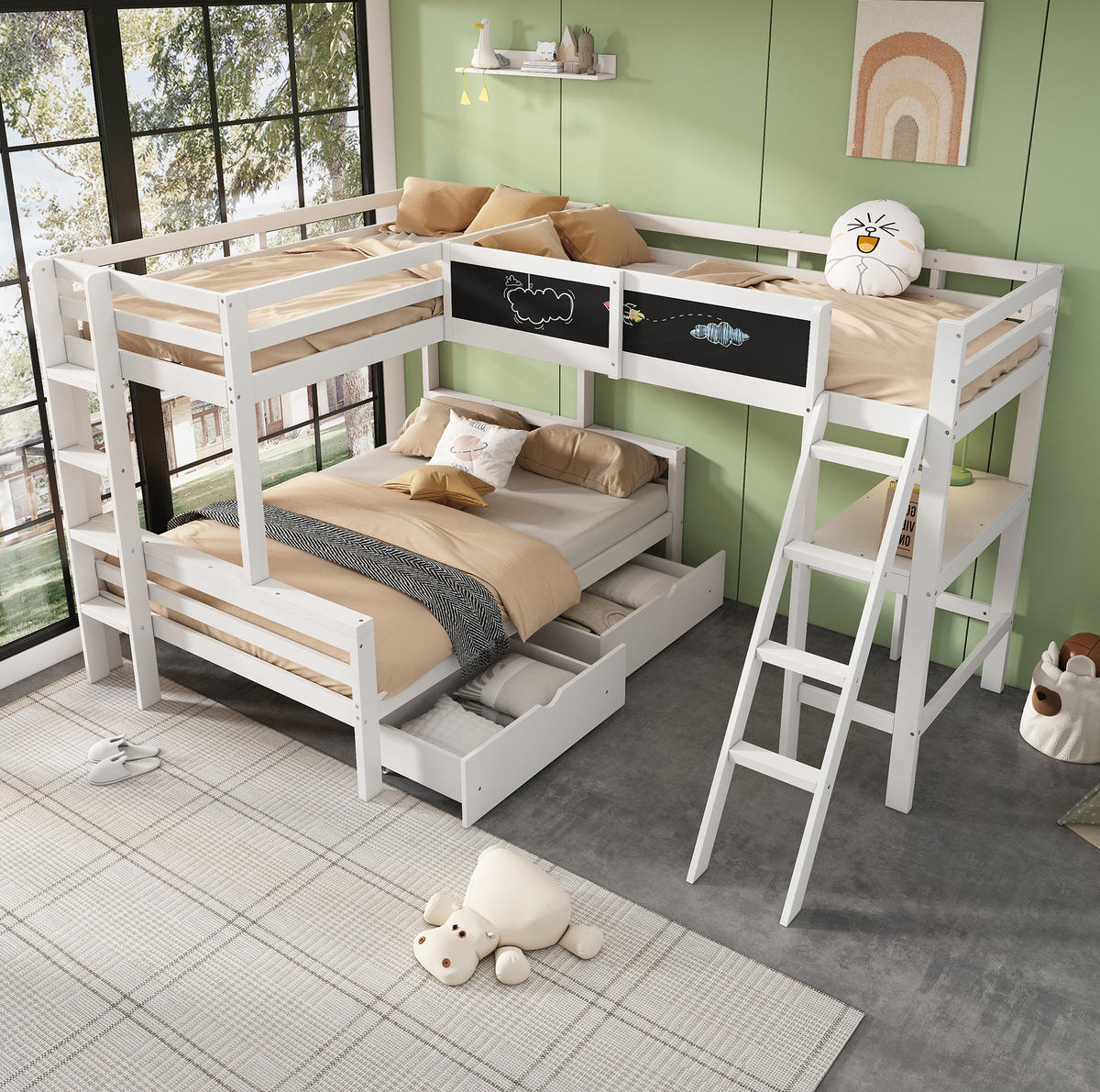 KINDERBETT aus Massivholz 140x200/90x200 cm in Weiß mit Schreibtisch - Weiß, Holz (90/200cm) - Modfu