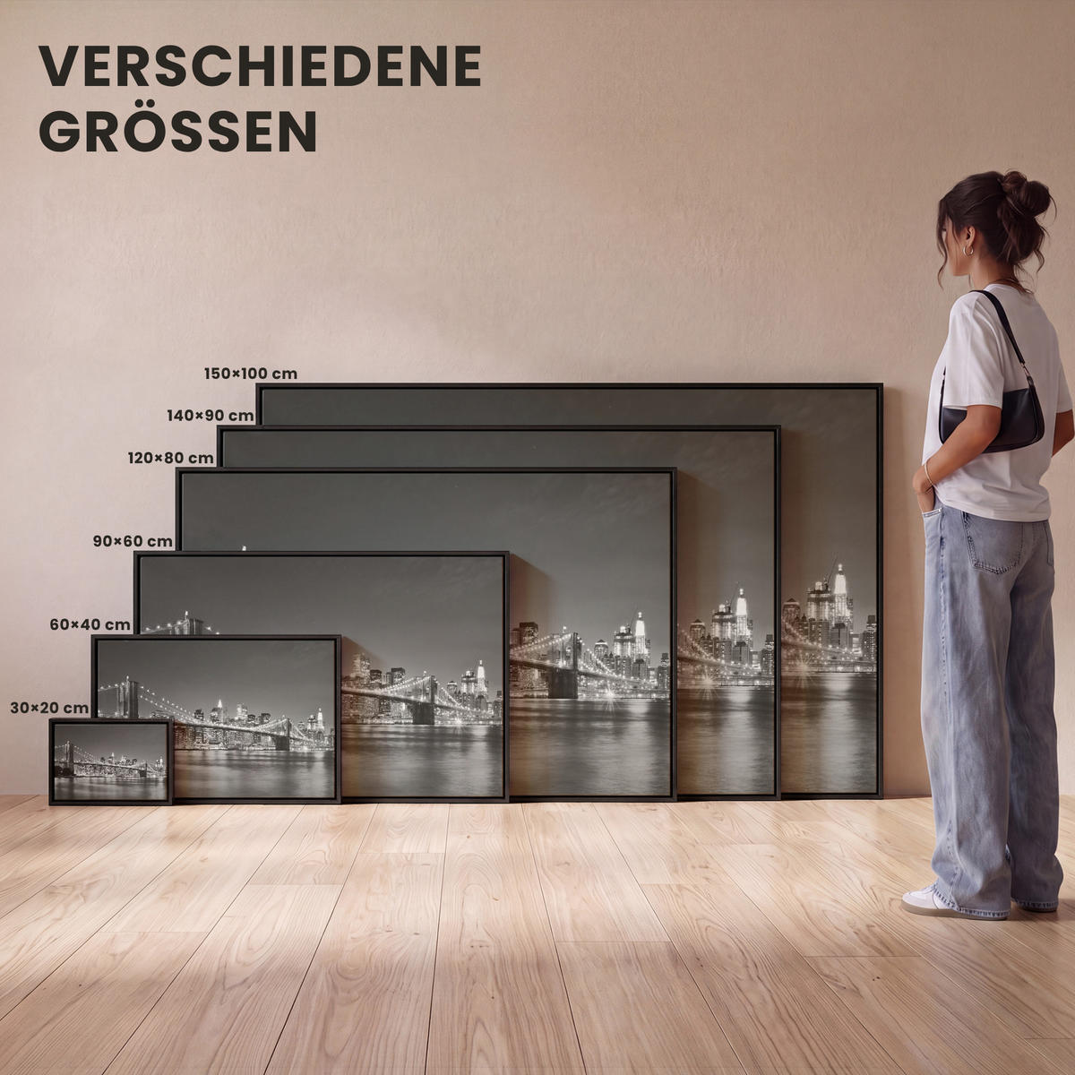 LEINWAND Bilder mit Rahmen - New York - Brücke - Brooklyn - Schwarz und weiß - Architektur - 150x100 - Schwarz, Textil (150/100cm) - MuchoWow
