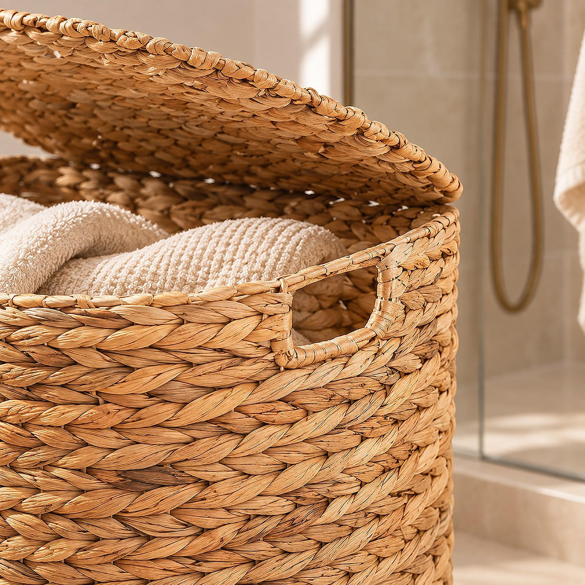 HALBMONDFÖRMIGER Wäschekorb aus Wasserhyazinthe mit Deckel 32/55/45 cm - Beige, Naturmaterialen (32/55/45cm) - Calicosy