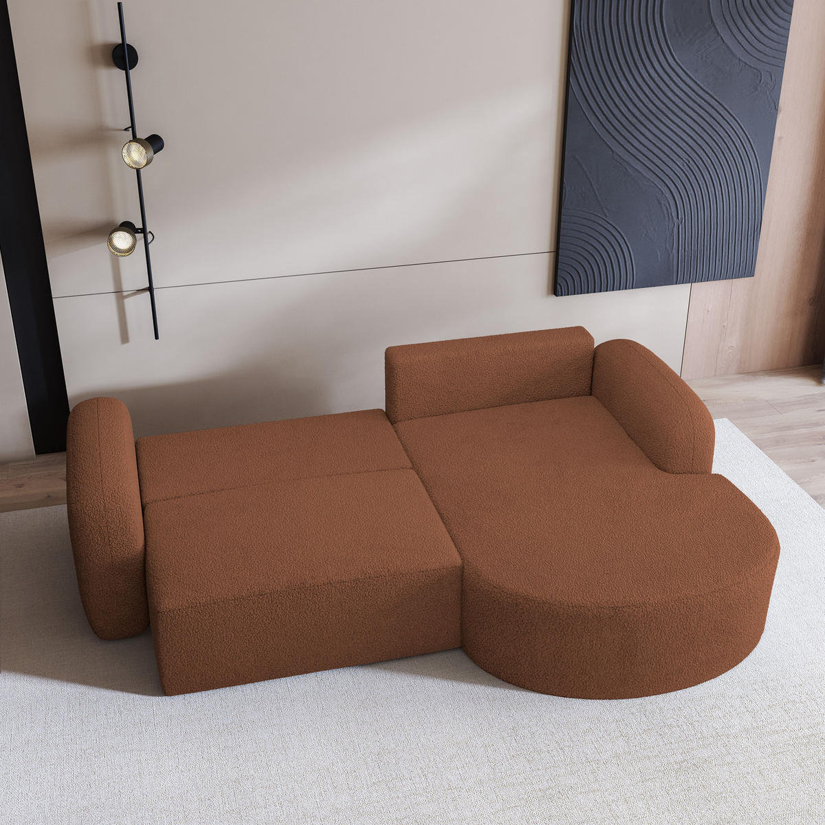 ECKSOFA AMILIA R-S Kupferfarben Boucle-Stoff mit Schlaffunktion - Kupferfarben, Holz (263/174cm) - MASSENO