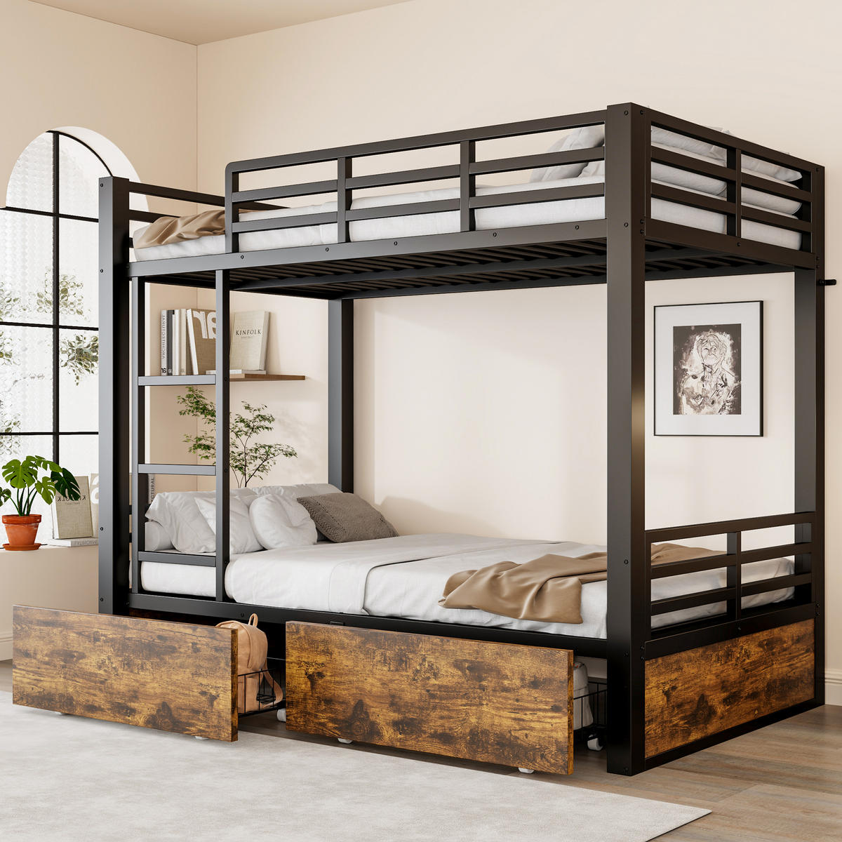ETAGENBETT 90/200 cm & 90/200 cm in Schwarz Kinderbett mit 2 Schubladen und Leiter Metall-Design - Schwarz, Holzwerkstoff/Metall (90/200cm) - STILVORA