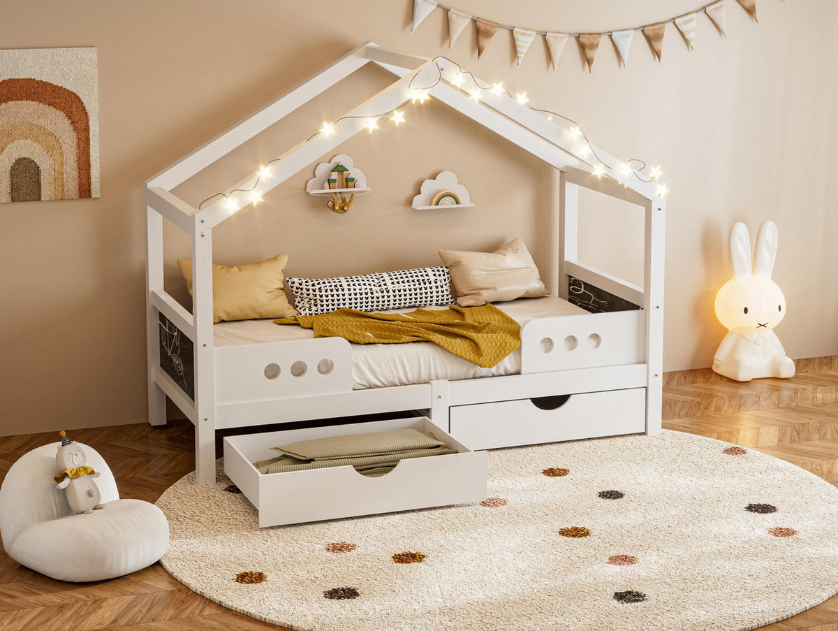 KINDERBETT 90/200 cm mit Dachdesign, Tafel und 2 Schubladen aus Holz und MDF, Weiß - Weiß, Holz (90/200cm) - Redom