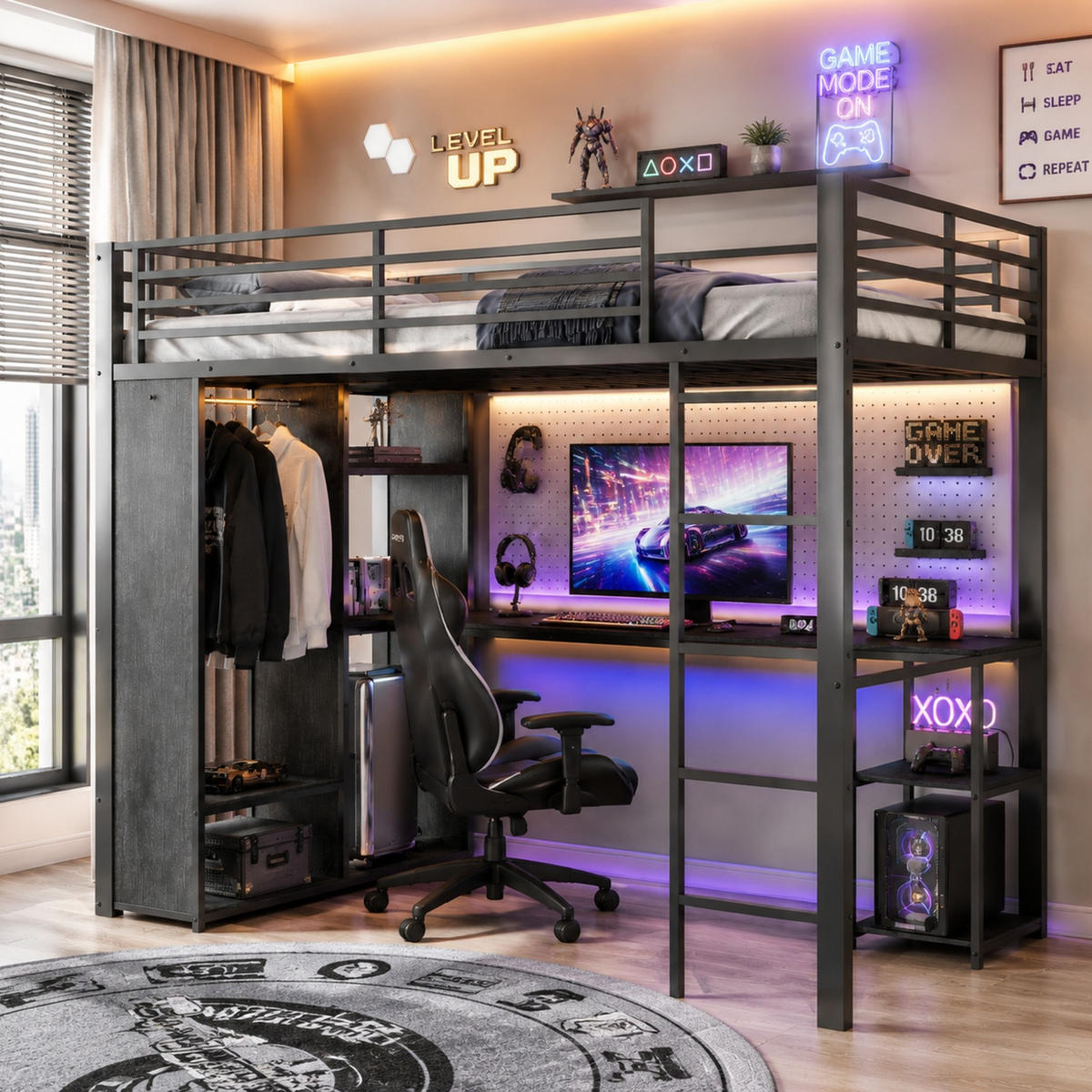 HOCHBETT 90x200 cm in Schwarz mit Schreibtisch, LED-Beleuchtung und offenem Kleiderschrank - Schwarz, Holzwerkstoff (90/200cm) - IVMEU