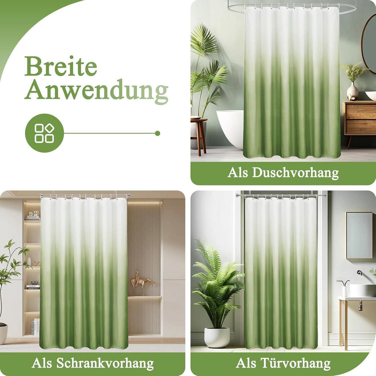 DUSCHVORHANG 180 x 180 cm Farbverlauf Grün Textil Wasserdicht - Grün, Textil (180/180cm)
