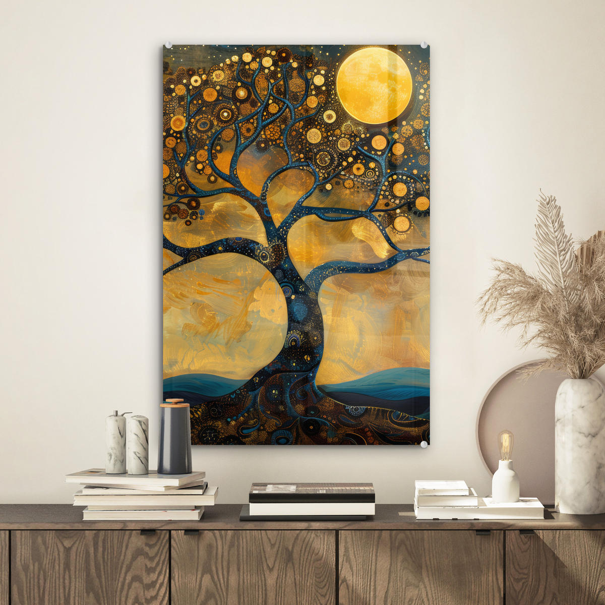 ACRYLGLASBILD Baum - Mond - Blumen - Gold - Kunst 40x60 cm - Orange, Glas (40/60cm) - MuchoWow