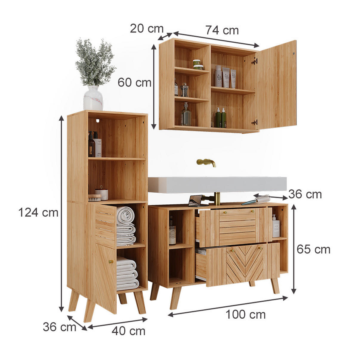 BADMÖBEL-SET Lucie Bambus 3 Teile - Grün, Holzwerkstoff (100/65/36cm) - Vicco