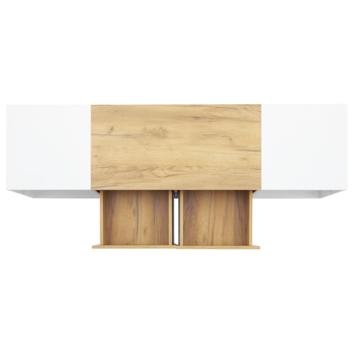 TV-LOWBOARD aus Spanplatte 160x40x42 cm Weiß/Eichefarben mit LED-Beleuchtung, Glasablage und 2 Schubladen - Hellbraun, Holzwerkstoff (160/42/40cm) - Modfu