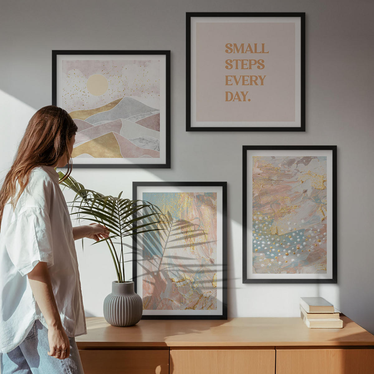 BILDER SET 4er Set - 50x50 cm & 40x60 cm Schwarzer Rahmen - Abstrakte Pastellmuster - Schwarz, Kunststoff (50/50cm) - TULUP