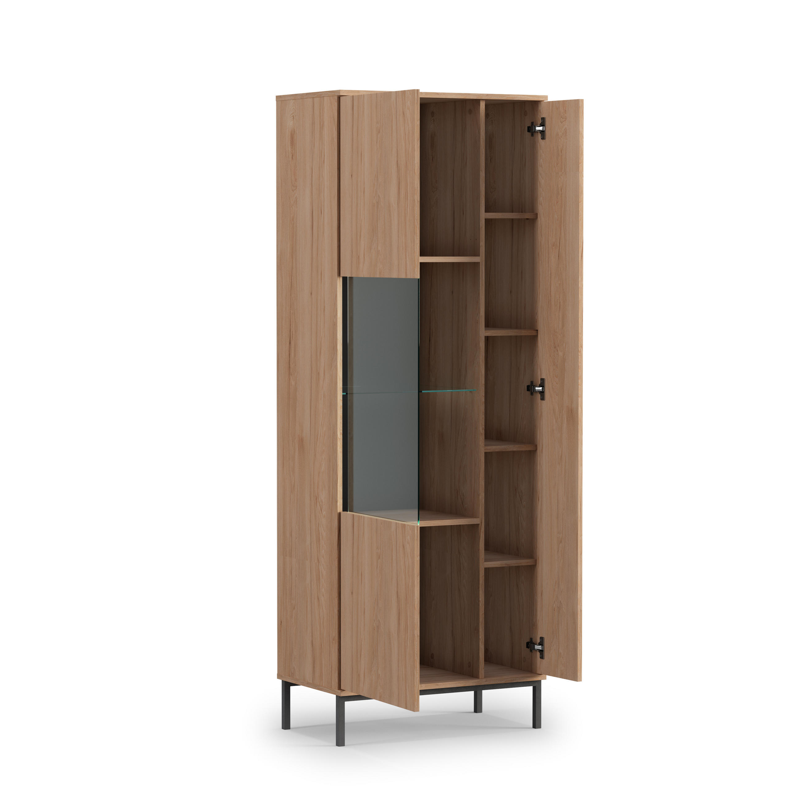 VITRINE Queba 2T Hellbraun 70/190/41 cm – Vitrinenschrank Holzoptik - Hellbraun/Schwarz, Holzwerkstoff (70/190/41cm) - AX Living
