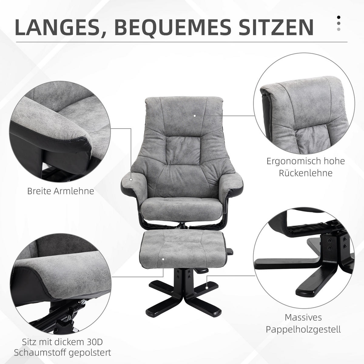 RELAXSESSEL mit Hocker, Fernsehsessel, Polstersessel TV Sessel mit Liegefunktion - Grau, Kunststoff (82.5/109/78cm) - HOMCOM