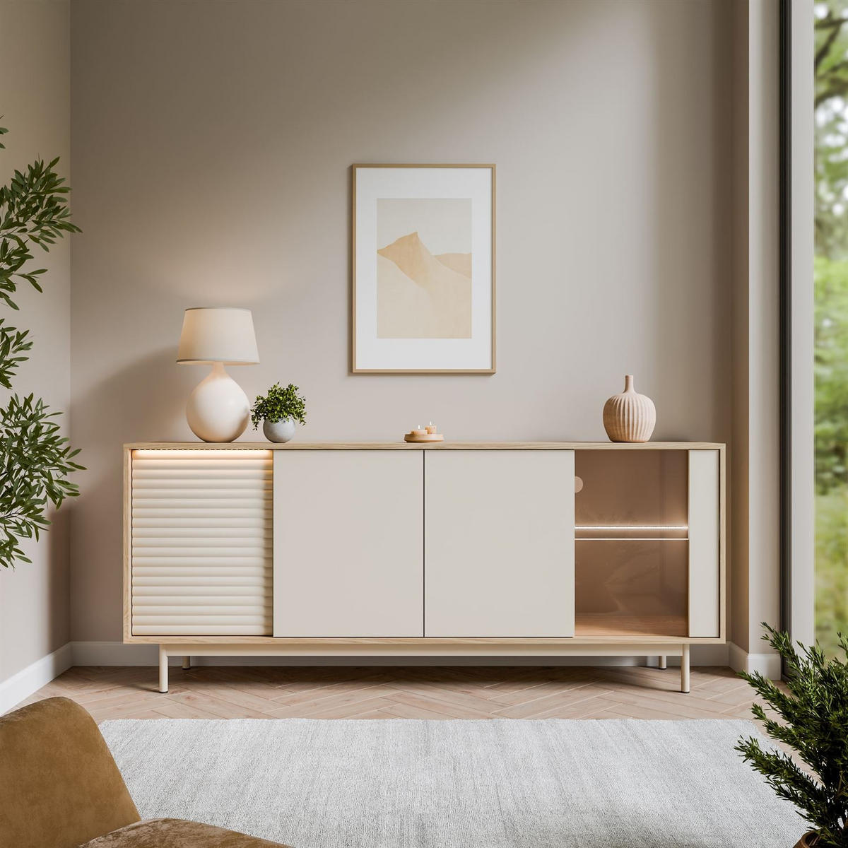 KOMMODE FLORENCE 3D1W mit LED-Beleuchtung - Kaschmir, Holzwerkstoff (184/77/40cm) - Lookway