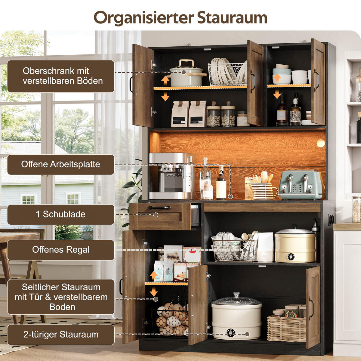 KÜCHENSCHRANK Vorratsschrank mit RGB-LED Steckdosen 6 Türen 1 Schublade 180cm - Naturfarben, Holzwerkstoff (110/180/40cm) - Urban Meuble