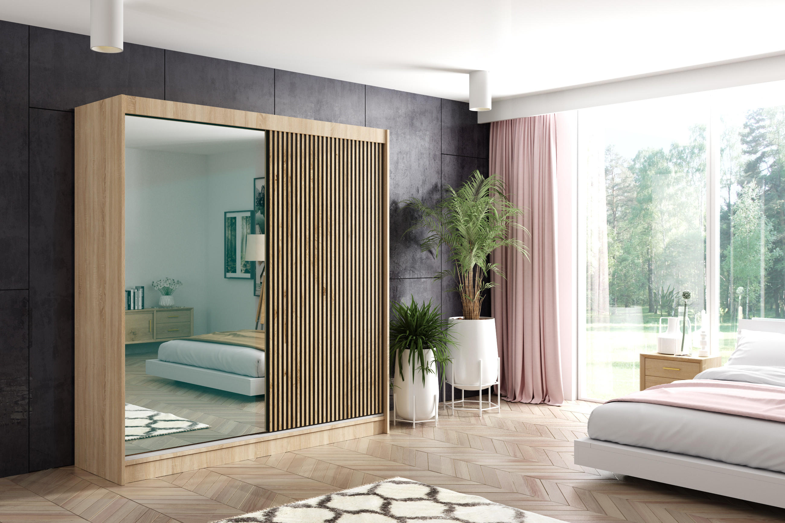 KLEIDERSCHRANK VILAN mit Spiegel - 200 cm - Sonoma Eiche|Eiche Wotan - Eiche Wotan/Sonoma Eiche, Holzwerkstoff (200/215/61cm) - ALTDECOR