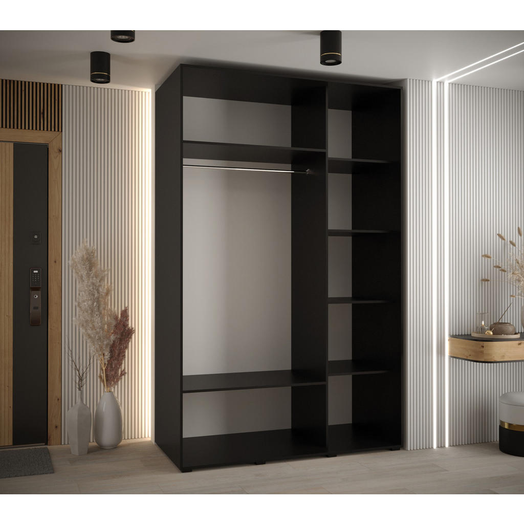 Thumbnail - Abiks Möbel Schwebetürenschrank, Schwarz, Eiche Artisan, Schwarz, Metall, Nachbildung, 6 Fächer, 150x235x60 cm, Schlafzi...