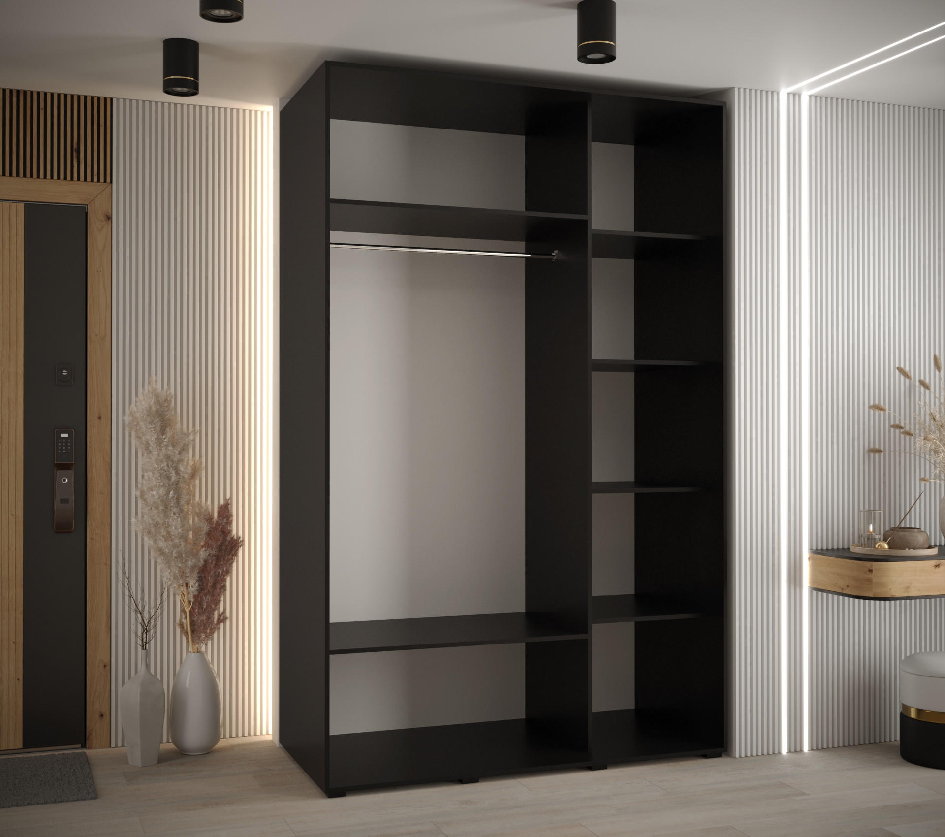 Thumbnail - Abiks Möbel Schwebetürenschrank, Schwarz, Weiß, Schwarz, Metall, Nachbildung, 6 Fächer, 150x235x60 cm, Schlafzimmer, Kle...