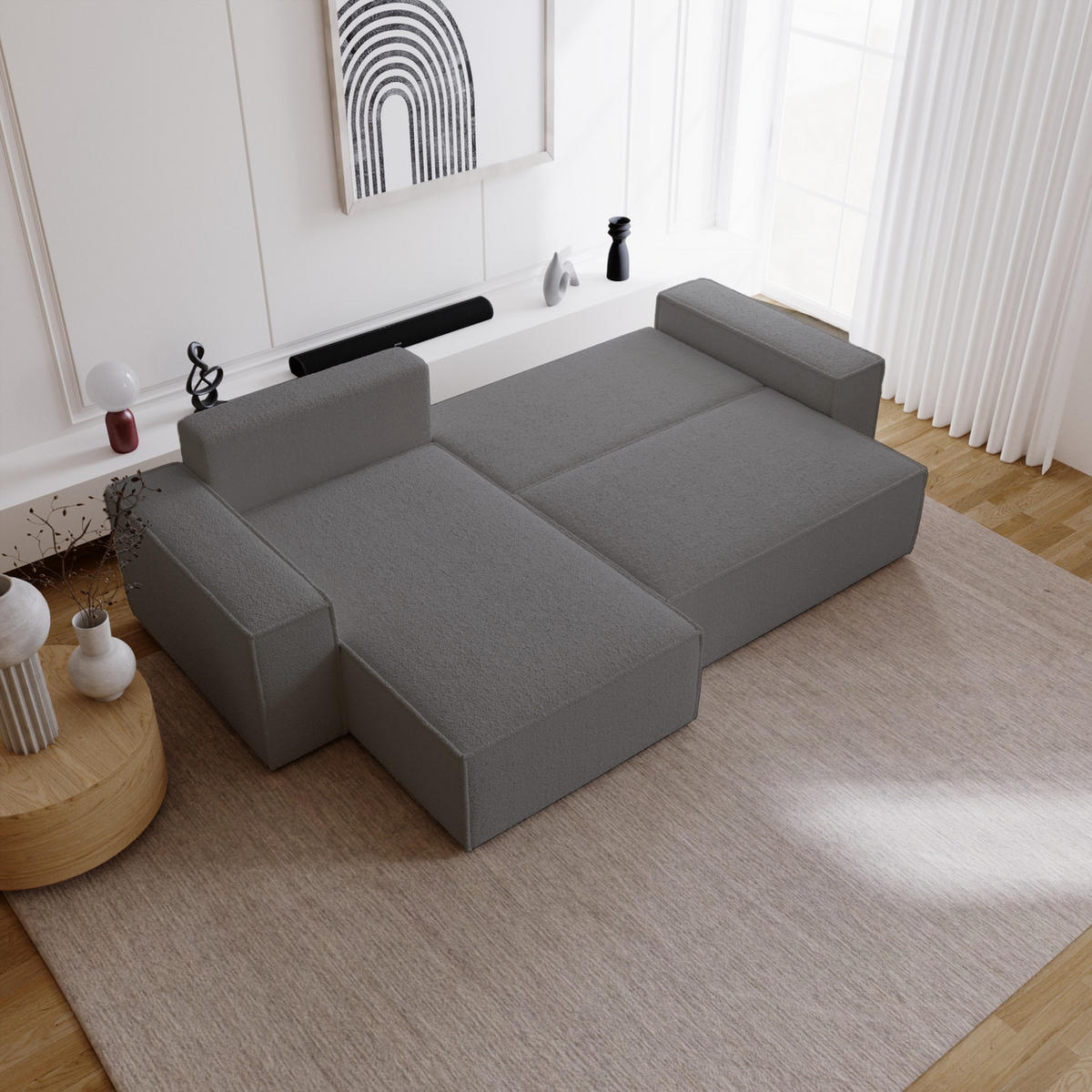 ECKSOFA Bouclé 280 cm Bergamo L mit Bettkasten, Schlaffunktion, Links - Dunkelgrau - Dunkelgrau, Holz (277/189cm) - Emporius