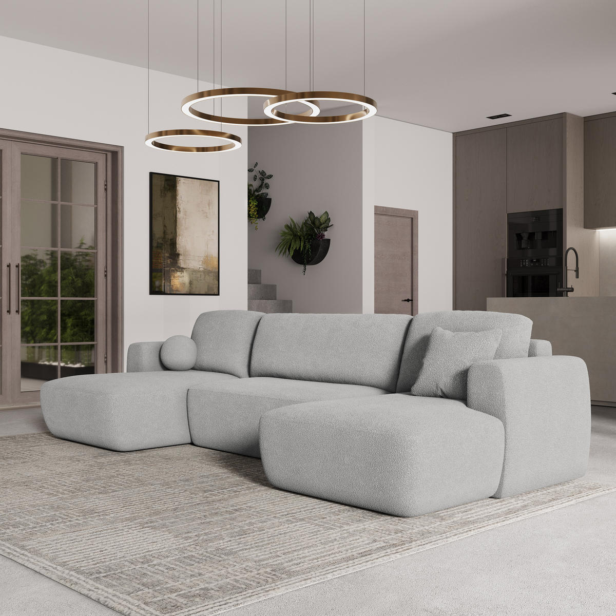 WOHNLANDSCHAFT SENTUM N Hellgrau Boucle-Stoff mit Schlaffunktion - Hellgrau, Holz (330/90/148cm) - MASSENO