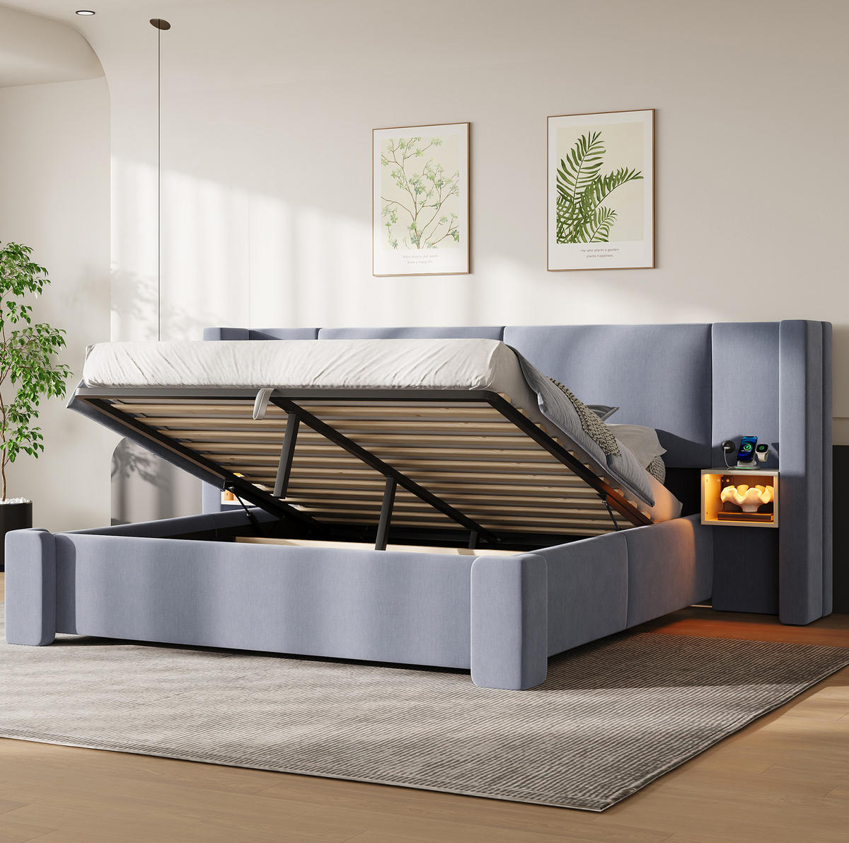 POLSTERBETT aus Leinen und MDF 140x200 cm Grau mit LED-Nachttischen, Staufächern und Hydraulikfunktion - Grau, Textil (140/200cm) - Modfu