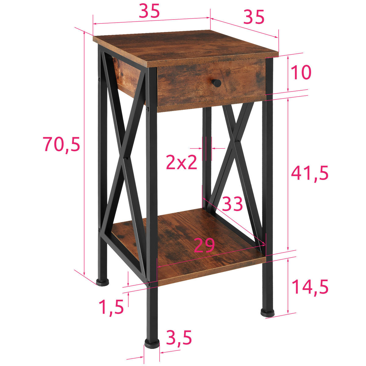 BEISTELLTISCH Dayton,35 x 35 x 70,5 cm,Industrial Holz dunkel, rustikal - Rostfarben, Holzwerkstoff (35/35/70.5cm) - tectake