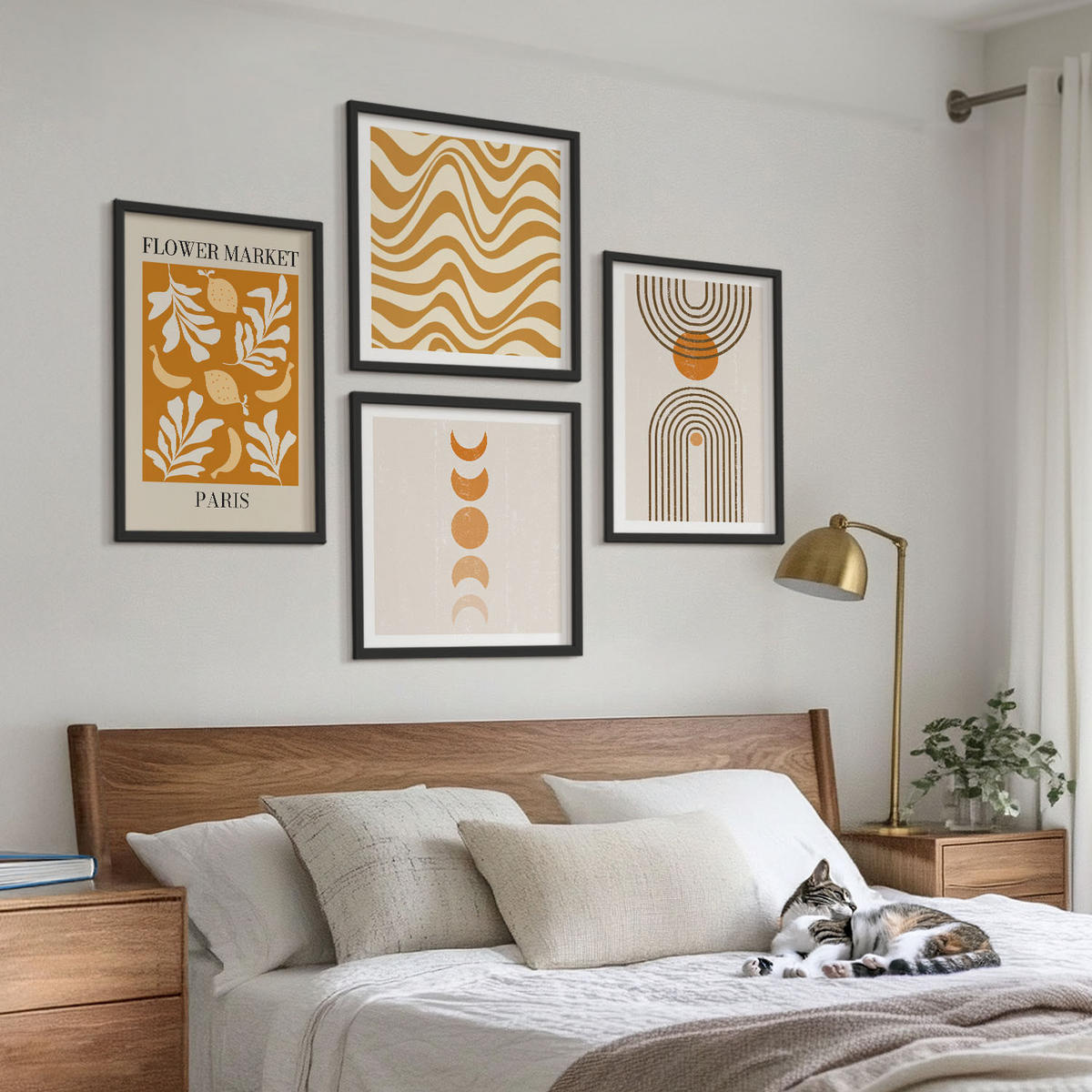WANDBILDER 4er-Set - 50x50 cm & 40x60 cm Schwarzer Rahmen - Geometrische Pflanzenmuster - Schwarz, Kunststoff (50/50cm) - ArtPrintCave