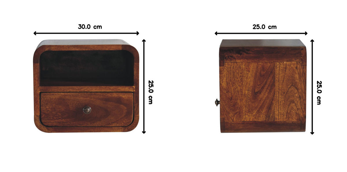 NACHTTISCH Petite, Wandmontiert, 1 Schublade, 1 offenes Fach, Braun - Messingfarben/Braun, Holz/Metall (30/25/25cm) - Artisan Furniture