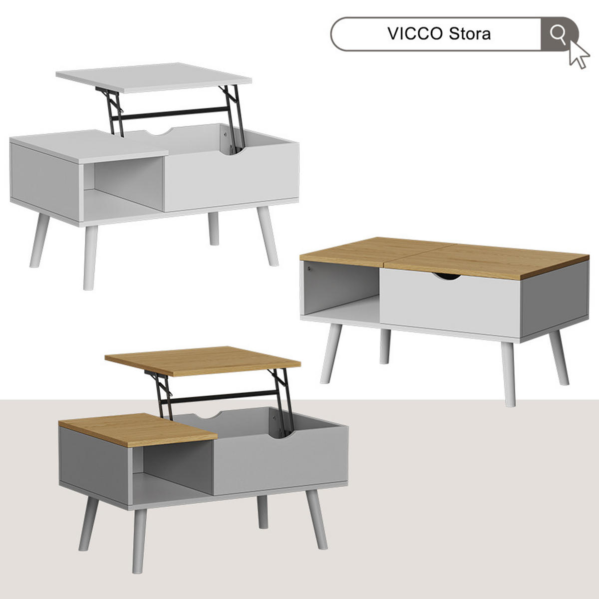 COUCHTISCH Stora Grau 76 x 45 cm mit Liftfunktion - Eichefarben/Grau, Holzwerkstoff (45/76/40cm) - Vicco